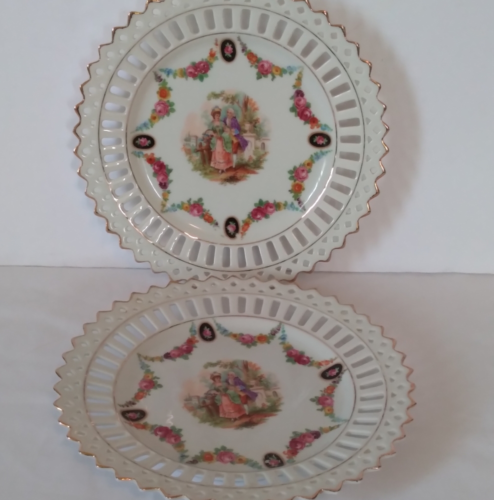 2 Vintage Reticulated Lattice Edge Colonial Couple Porcelain Decorative Plate 8"